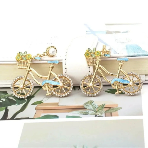 Anthropologie Blue Sweet Flowers Bicycle Crystal Earrings - Picture 7 of 11